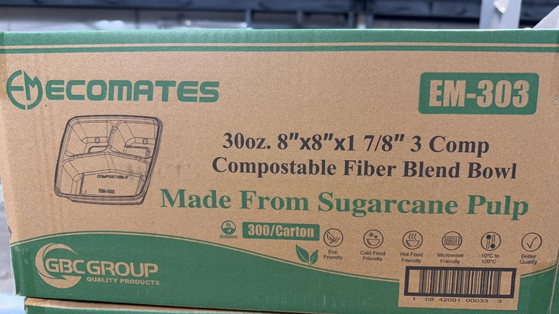EcoMates  EM-303, 8"x8"x1 7/8" 3 Compostable Fiber Blend Bowl (300PC)