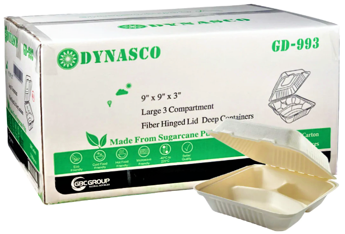 EcoMates EM-993/GD-993 3-Compartment Fiber Hinged Container, Case (200's)