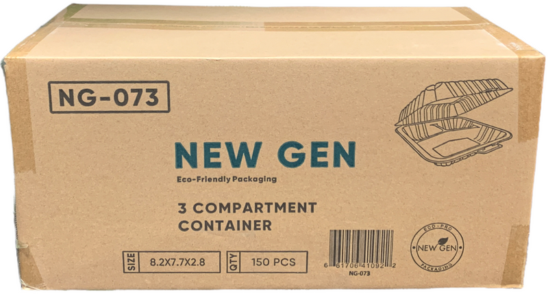 3-Comp Plastic Hinged Container, Case (150pc), New Gen NG-073