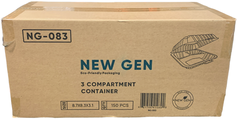 3-Comp Plastic Hinged Container, Case (150pc), New Gen NG-083
