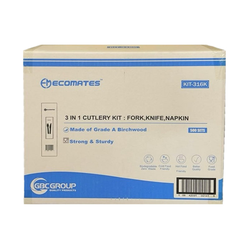 Ecomates KIT-316K, 3PC Wooden Cutlery Kit, Case (500 SETS)