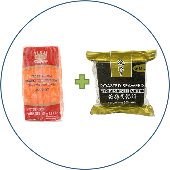 Bundle: Imitation Crab Sticks (1 Case) + Nori (5 packs)