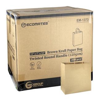 EcoMates EM-1373 Kraft Paper Bag with Twisted Handle, 200 CT